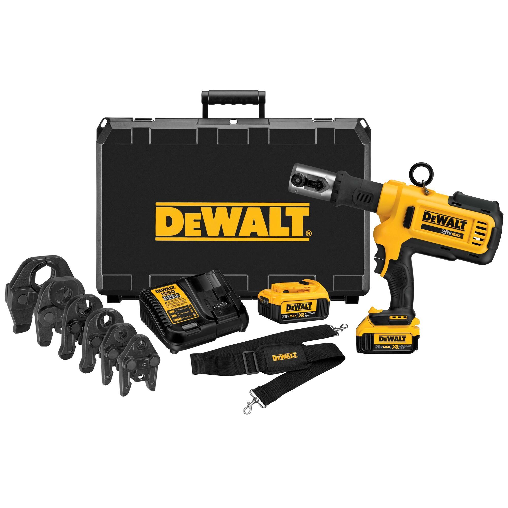 DEWALT 20V MAX Plumbing Pipe Press Tool Kit — 1/2in. to 4in. Crimping Heads, 360° Pivoting Head, LED Interface, Model# DCE200M2K